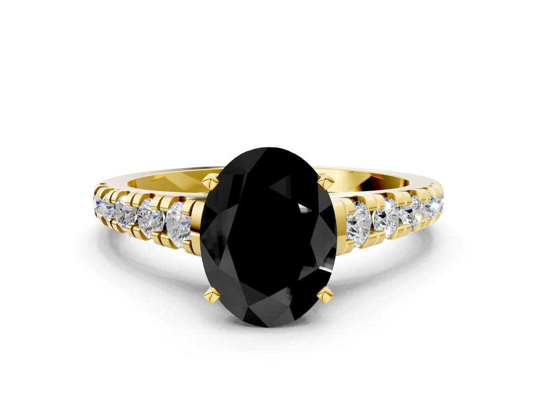 Yellow gold Fancy Black Oval Cut Diamond Solitaire Ring with Cathedral Setting and Pavé Band