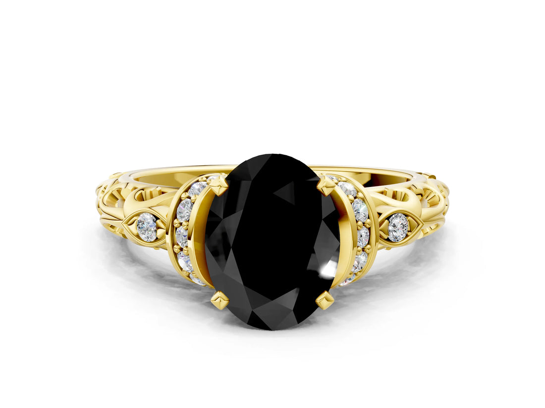 Yellow gold Fancy Black Oval Cut Diamond Solitaire Ring with Filigree Band and Four-Prong Setting