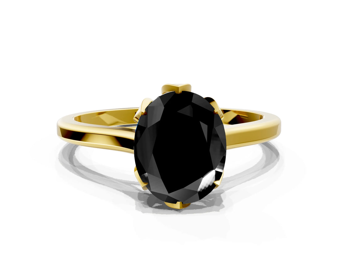 Yellow gold Fancy Black Oval Cut Diamond Solitaire Ring with Flower Prong Setting and Classic Band_36