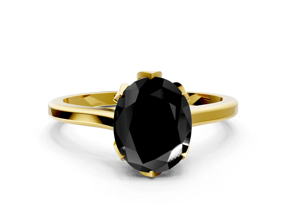Yellow gold Fancy Black Oval Cut Diamond Solitaire Ring with Flower Prong Setting and Classic Band_48