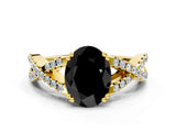 Yellow gold Fancy Black Oval Cut Diamond Solitaire Ring with Four-Prong Setting and Twisted Pavé Band
