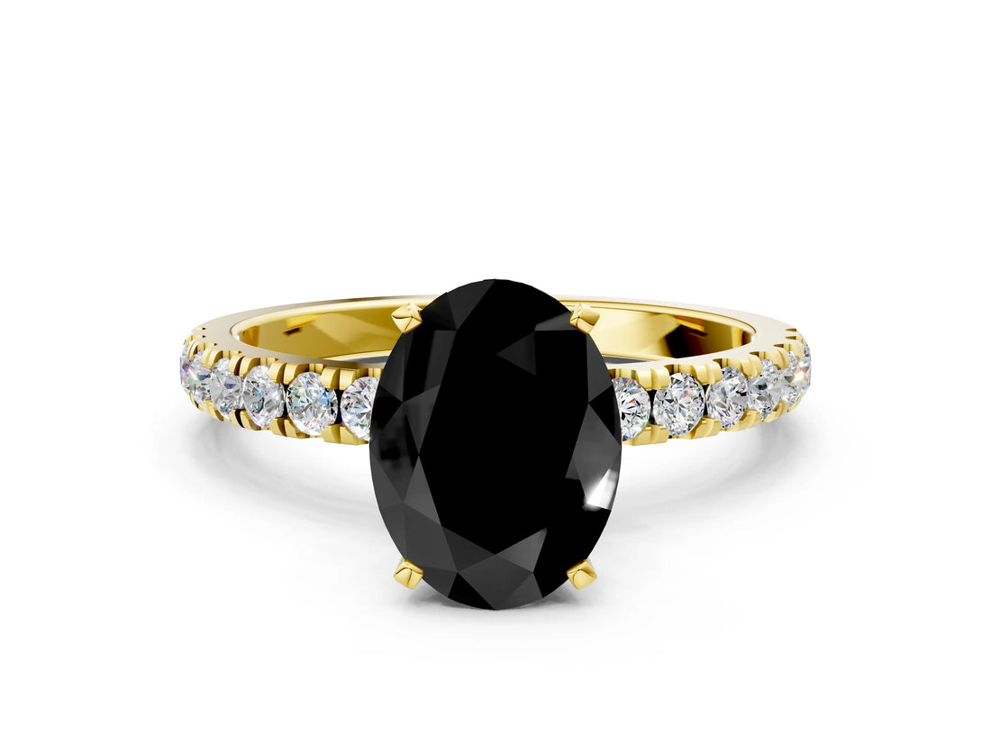 Yellow gold Fancy Black Oval Cut Diamond Solitaire Ring with Pavé Accents and Four-Prong Setting
