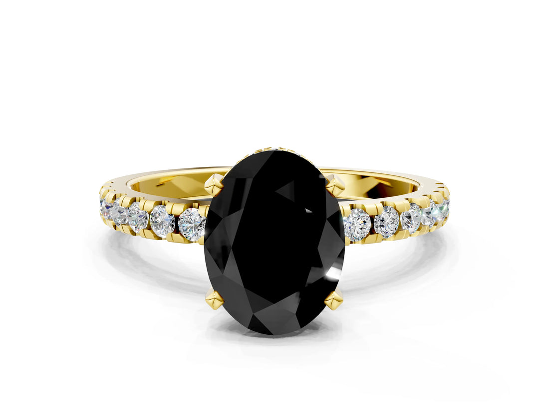 Yellow gold Fancy Black Oval Cut Diamond Solitaire Ring with Pavé Band and Four-Prong Setting_12