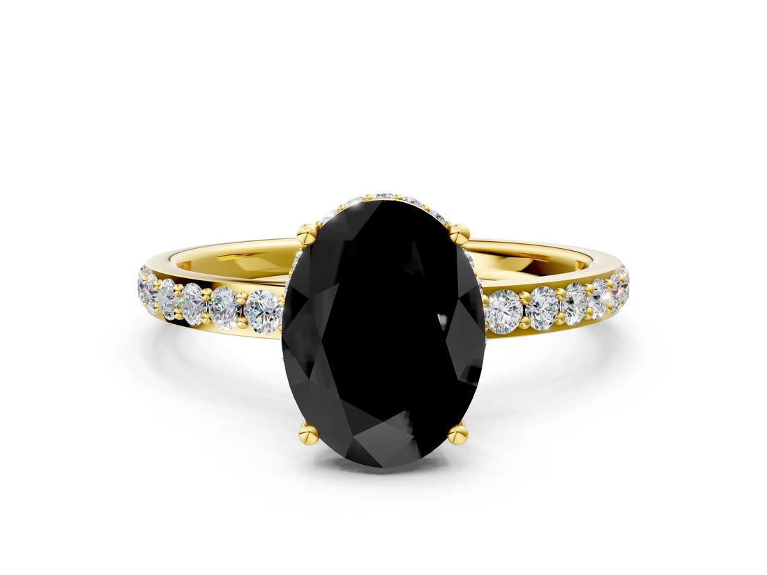 Yellow gold Fancy Black Oval Cut Diamond Solitaire Ring with Pavé Band and Hidden Halo_12