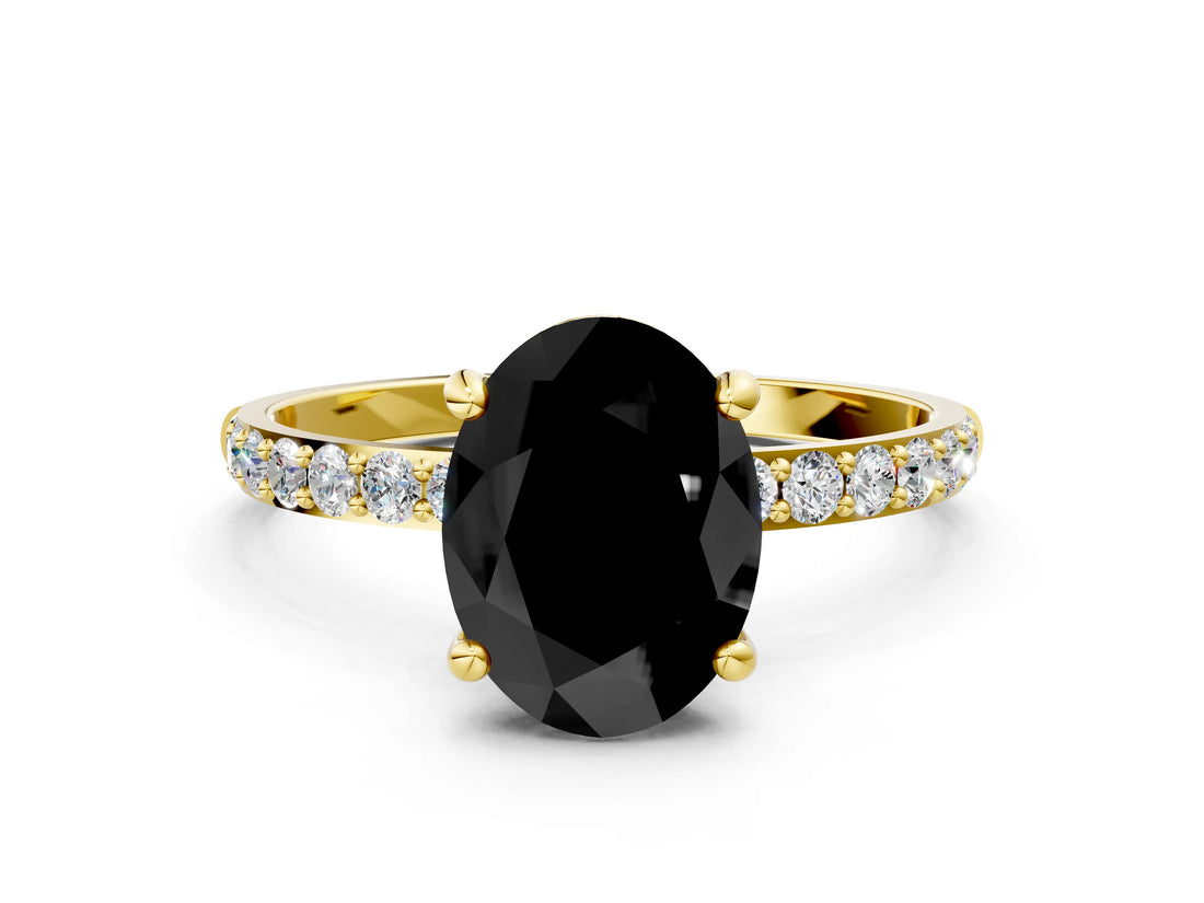 Yellow gold Fancy Black Oval Cut Diamond Solitaire Ring with Pave Band and Four Prong Setting_12
