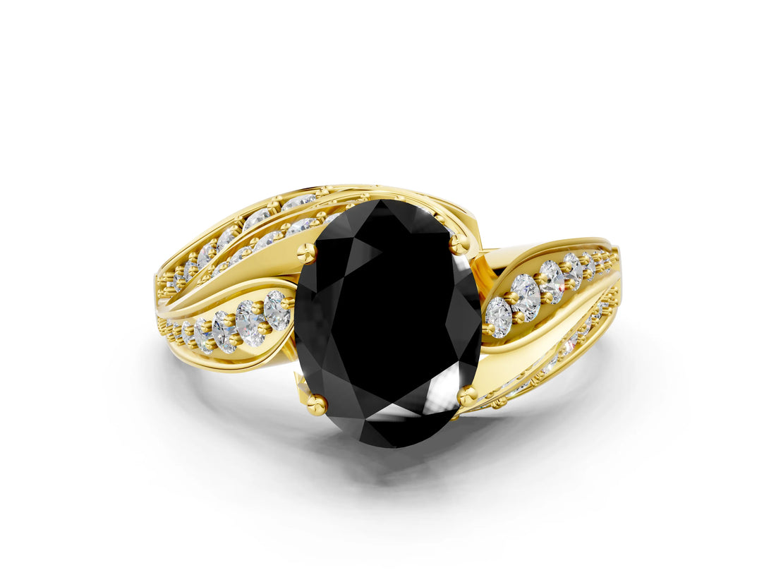 Yellow gold Fancy Black Oval Cut Diamond Solitaire Ring with Prong Setting and Twisted Pavé Band