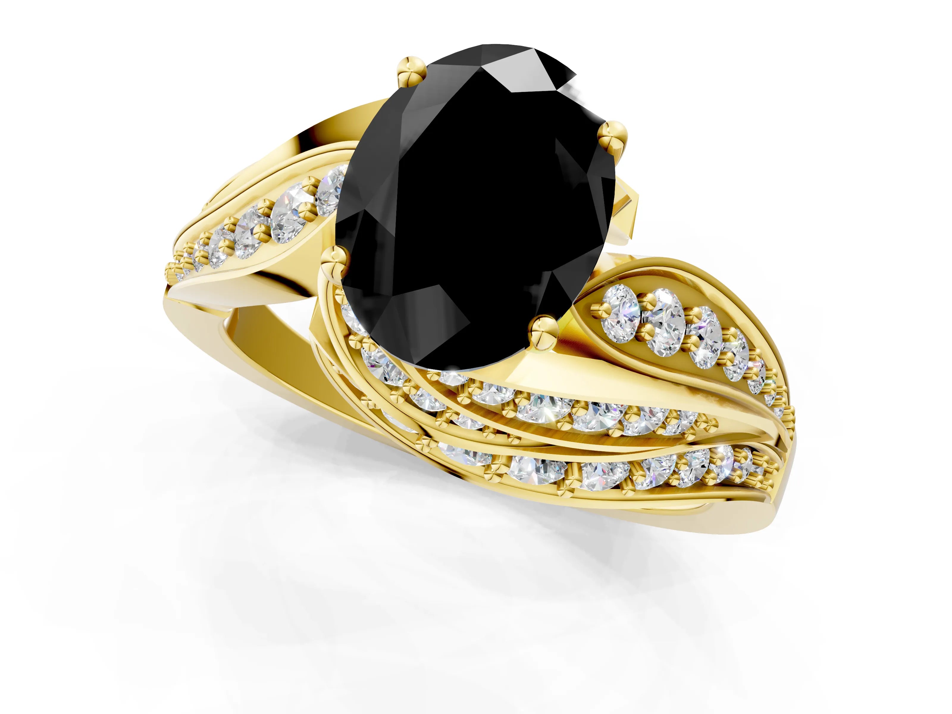 Yellow gold Fancy Black Oval Cut Diamond Solitaire Ring with Prong Setting and Twisted Pavé Band_1