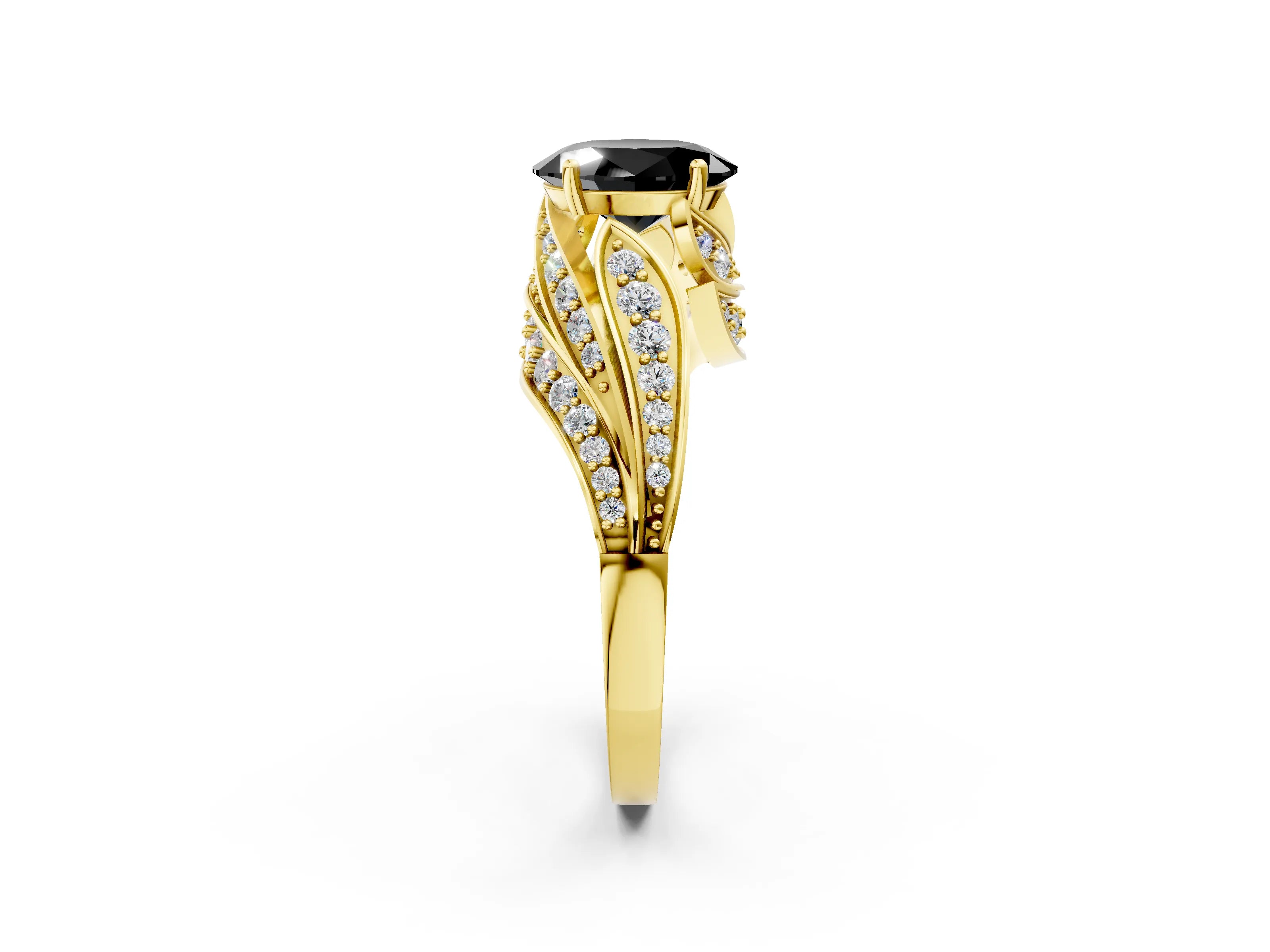 Yellow gold Fancy Black Oval Cut Diamond Solitaire Ring with Prong Setting and Twisted Pavé Band_2