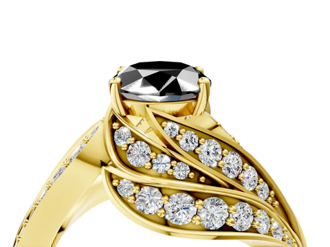 Yellow gold Fancy Black Oval Cut Diamond Solitaire Ring with Prong Setting and Twisted Pavé Band_4
