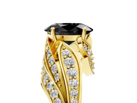 Yellow gold Fancy Black Oval Cut Diamond Solitaire Ring with Prong Setting and Twisted Pavé Band_5