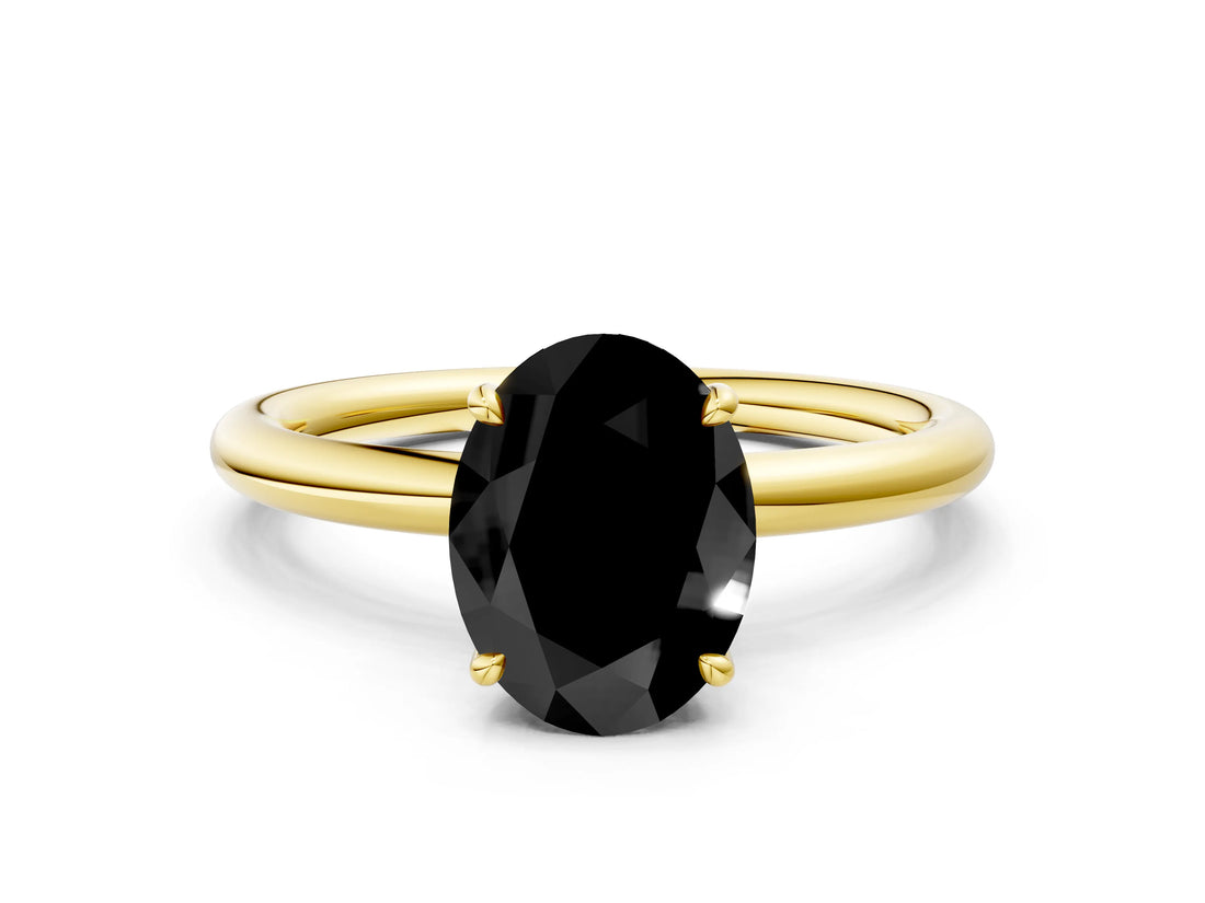 Yellow gold Fancy Black Oval Cut Diamond Solitaire Ring with Thin Band and Four-Prong Setting