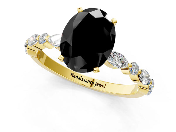 Yellow Gold Oval Engagement Ring Setting for Black Center with Marquise and Round Side Accents
