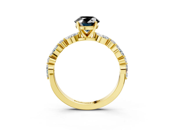 Yellow Gold Oval Engagement Ring Setting for Black Center with Marquise and Round Side Accents
