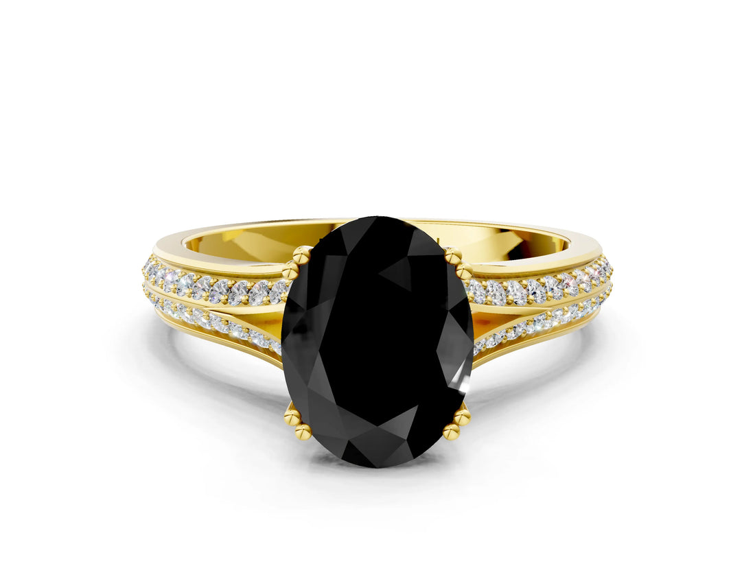 Yellow gold Fancy Black Oval Cut Diamond Split Shank Engagement Ring with Pavé Band