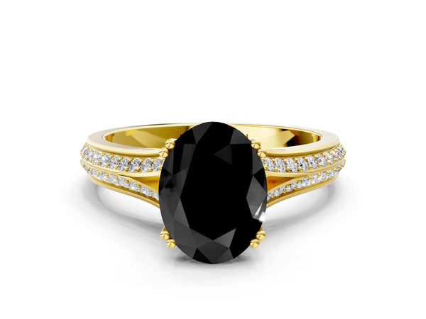 Yellow Gold Oval Split Shank Pave Engagement Ring Setting for Black Center