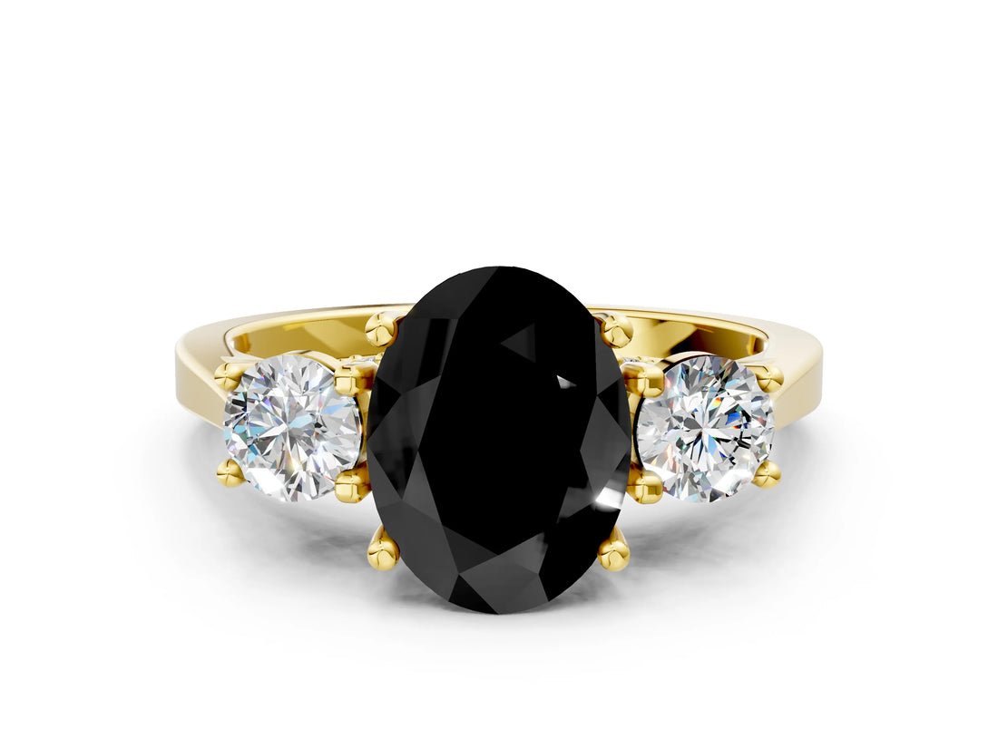 Yellow gold Fancy Black Oval Cut Diamond Three-Stone Engagement Ring with Prong Setting and Pavé Band