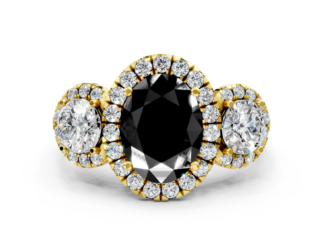 Yellow gold Fancy Black Oval Cut Diamond Three-Stone Halo Ring with Prong Setting and Pavé Accents