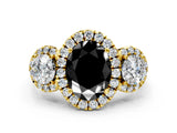 Yellow gold Fancy Black Oval Cut Diamond Three-Stone Halo Ring with Prong Setting and Pavé Accents