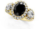 Yellow gold Fancy Black Oval Cut Diamond Three-Stone Halo Ring with Prong Setting and Pavé Accents_1
