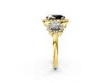 Yellow gold Fancy Black Oval Cut Diamond Three-Stone Halo Ring with Prong Setting and Pavé Accents_2
