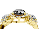 Yellow gold Fancy Black Oval Cut Diamond Three-Stone Halo Ring with Prong Setting and Pavé Accents_4
