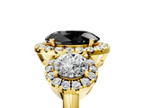 Yellow gold Fancy Black Oval Cut Diamond Three-Stone Halo Ring with Prong Setting and Pavé Accents_5