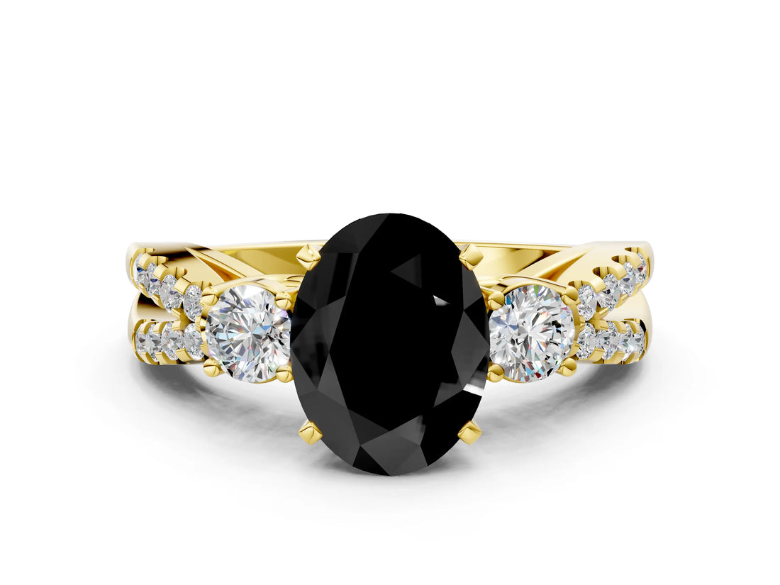 Yellow gold Fancy Black Oval Cut Diamond Three-Stone Ring with Pavé Split Shank and Four-Prong Setting
