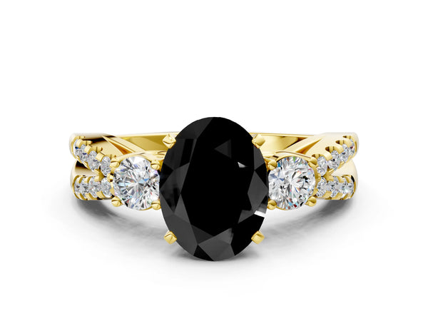 Yellow Gold Oval Three Stone Engagement Ring Setting for Black Center with Pave Split Shank