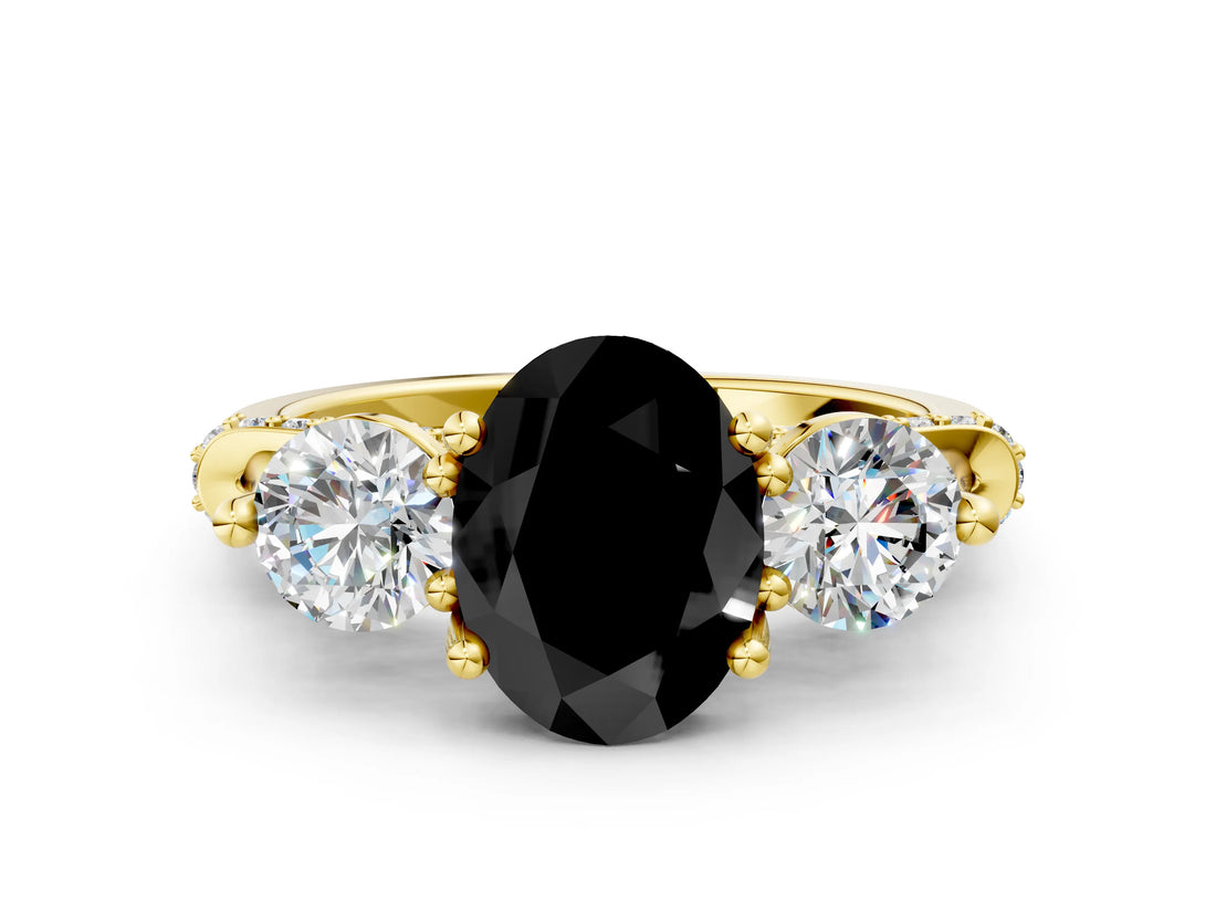 Yellow gold Fancy Black Oval Cut Diamond Three-Stone Ring with Prong Setting and Pavé Band
