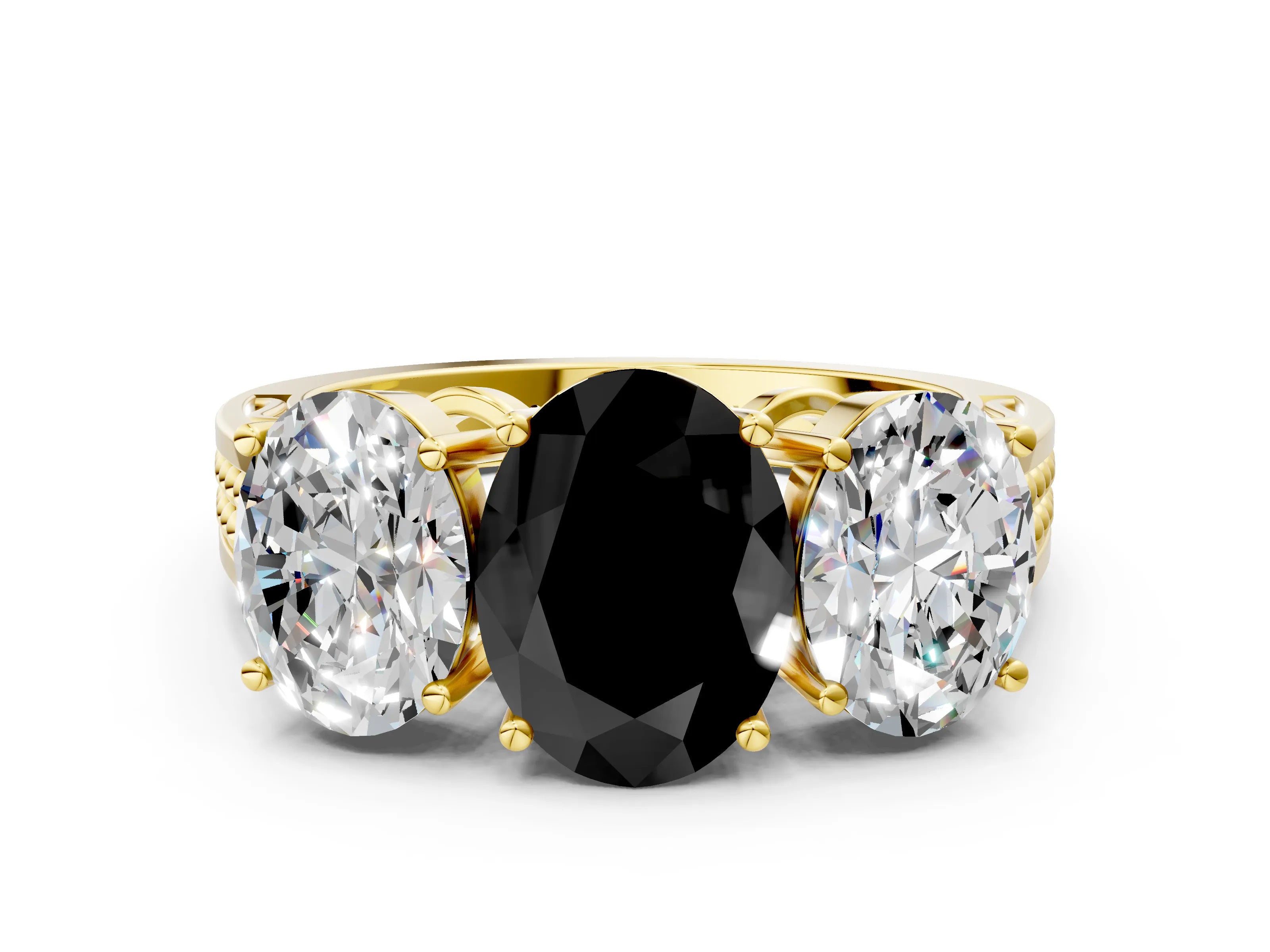 Yellow gold Fancy Black Oval Cut Diamond Three-Stone Ring with Prong Setting and Textured Band