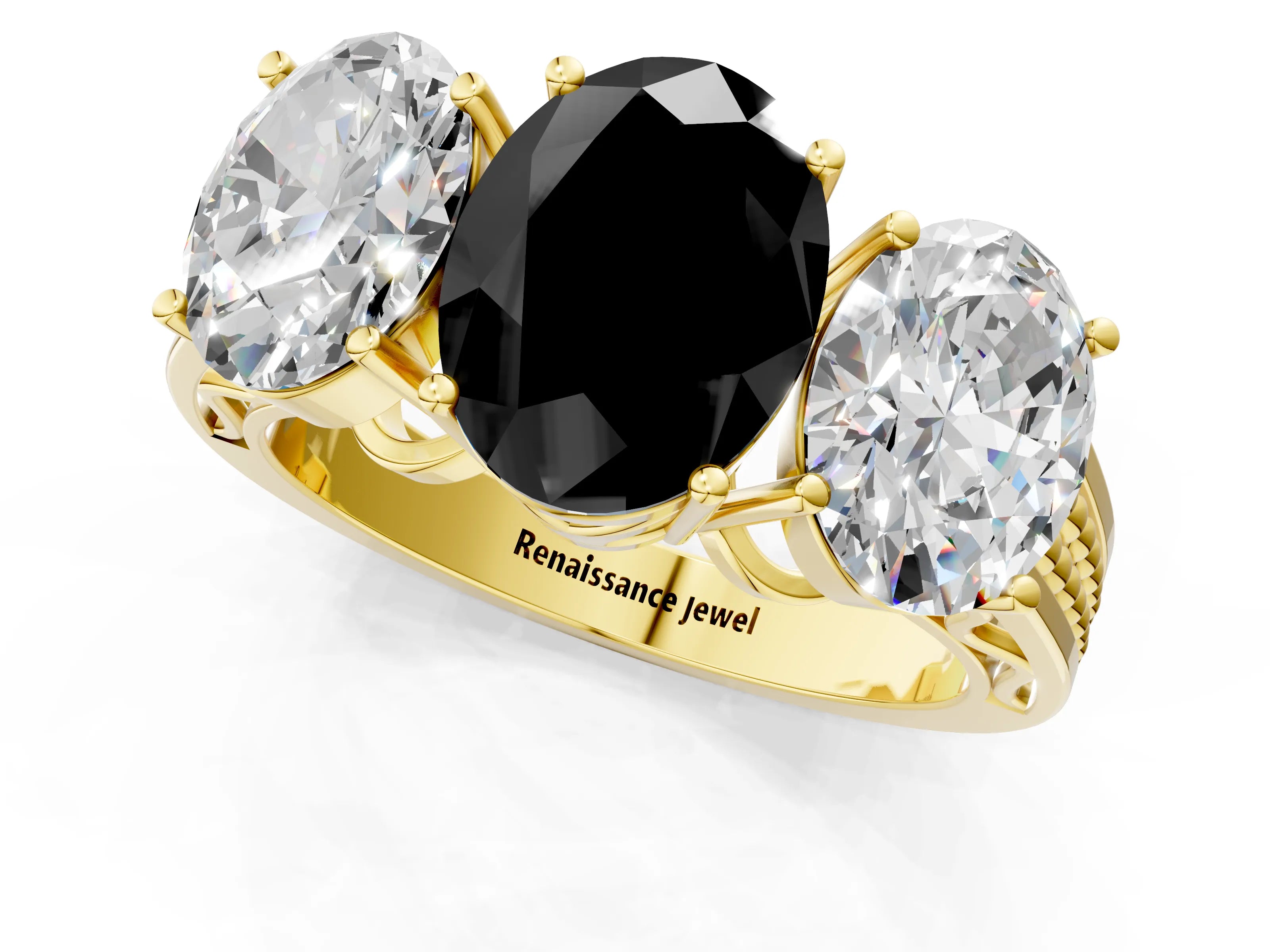 Yellow gold Fancy Black Oval Cut Diamond Three-Stone Ring with Prong Setting and Textured Band_1