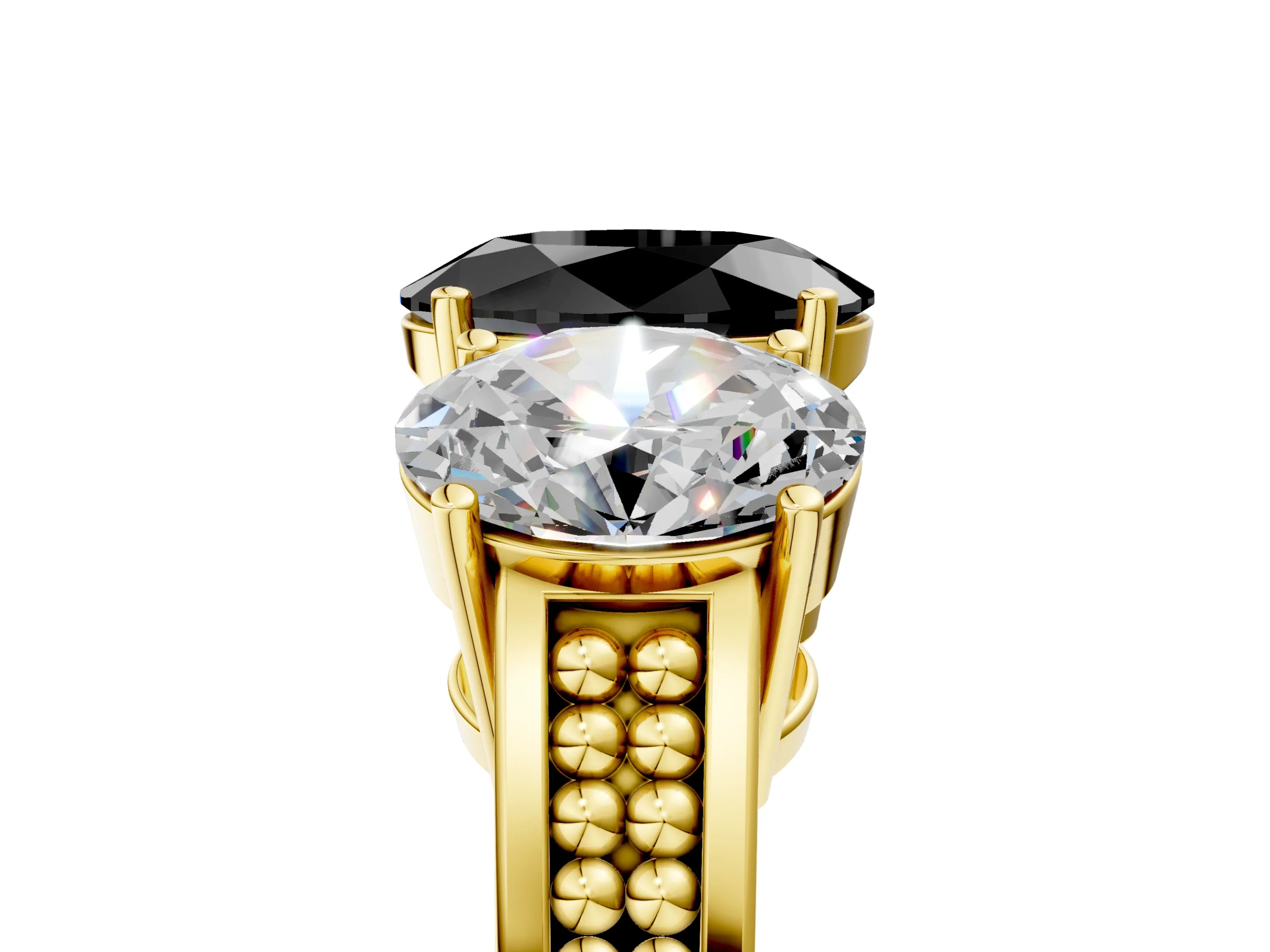 Yellow gold Fancy Black Oval Cut Diamond Three-Stone Ring with Prong Setting and Textured Band_12