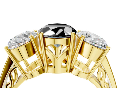 Yellow gold Fancy Black Oval Cut Diamond Three-Stone Ring with Prong Setting and Textured Band_4