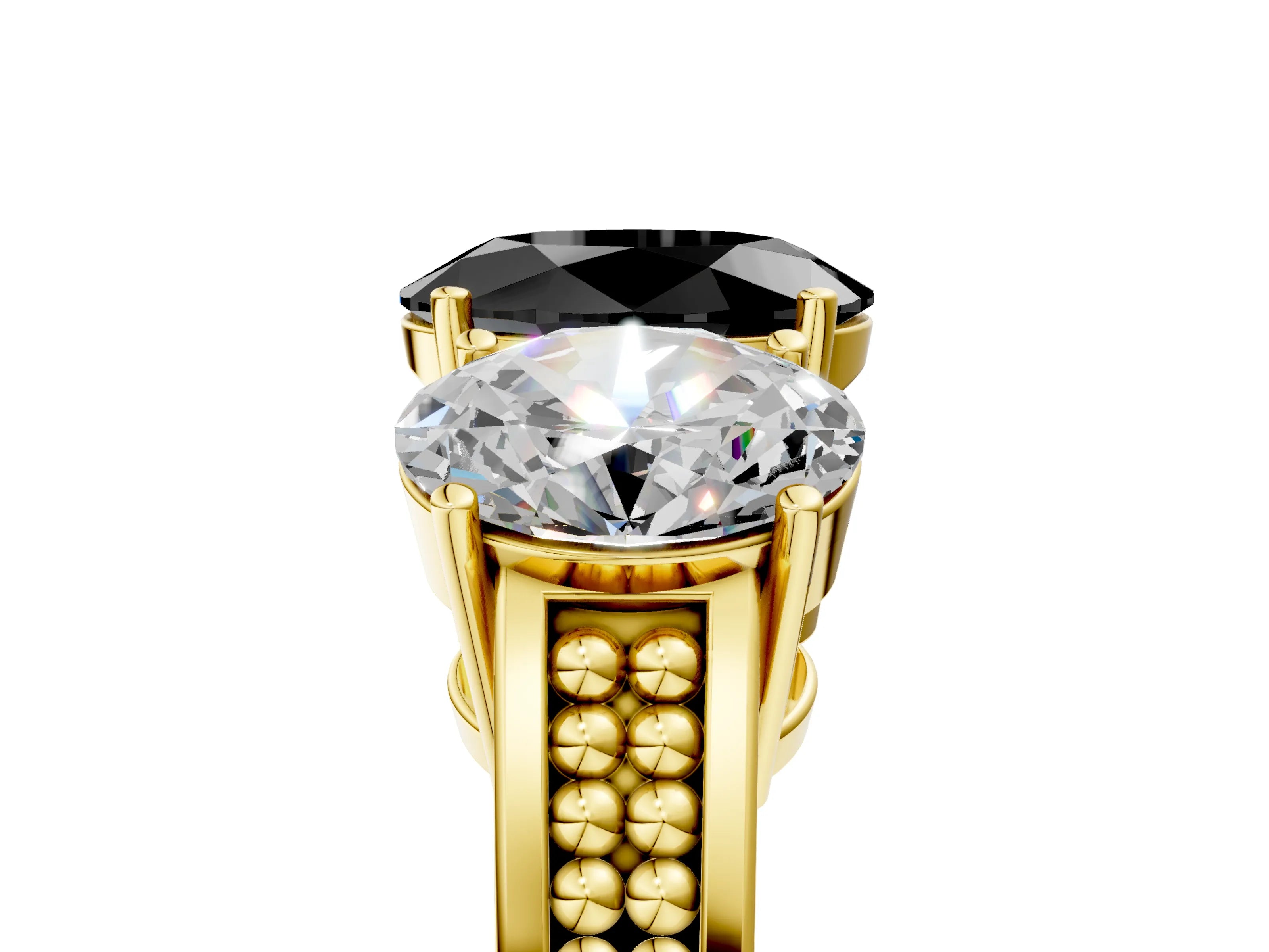 Yellow gold Fancy Black Oval Cut Diamond Three-Stone Ring with Prong Setting and Textured Band_5