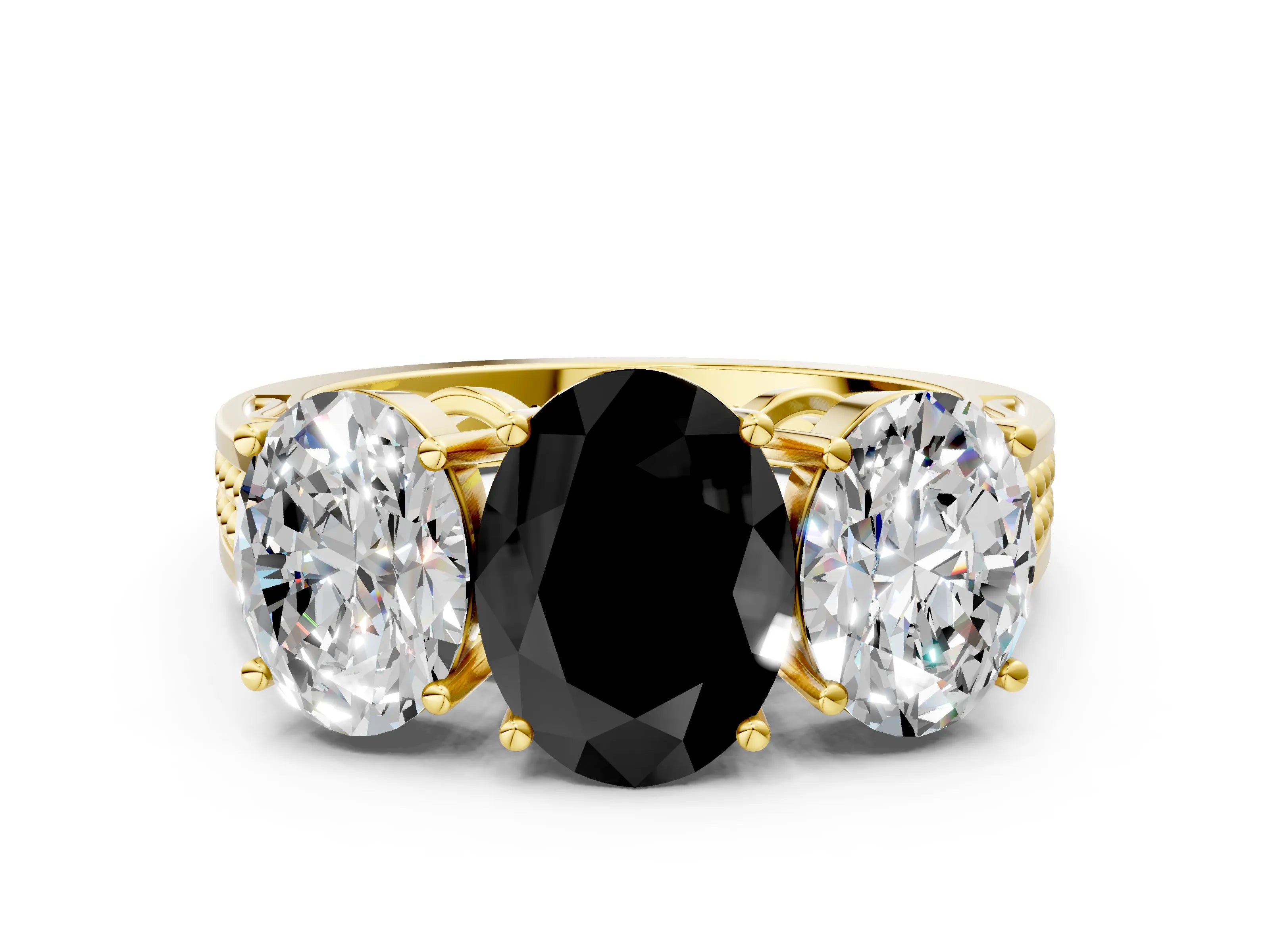 Yellow gold Fancy Black Oval Cut Diamond Three-Stone Ring with Prong Setting and Textured Band_7