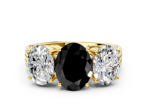 Yellow gold Fancy Black Oval Cut Diamond Three-Stone Ring with Prong Setting and Textured Band_7