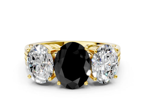 Yellow gold Fancy Black Oval Cut Diamond Three-Stone Ring with Prong Setting and Textured Band