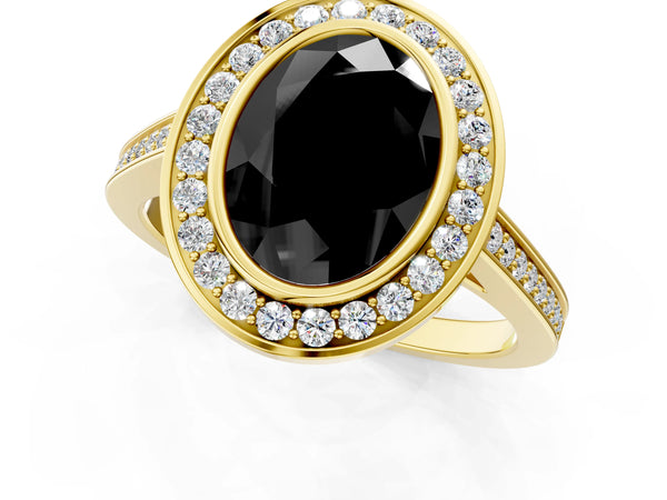 Yellow gold Fancy Black Oval Cut Halo Bezel Diamond Pave Band Ring