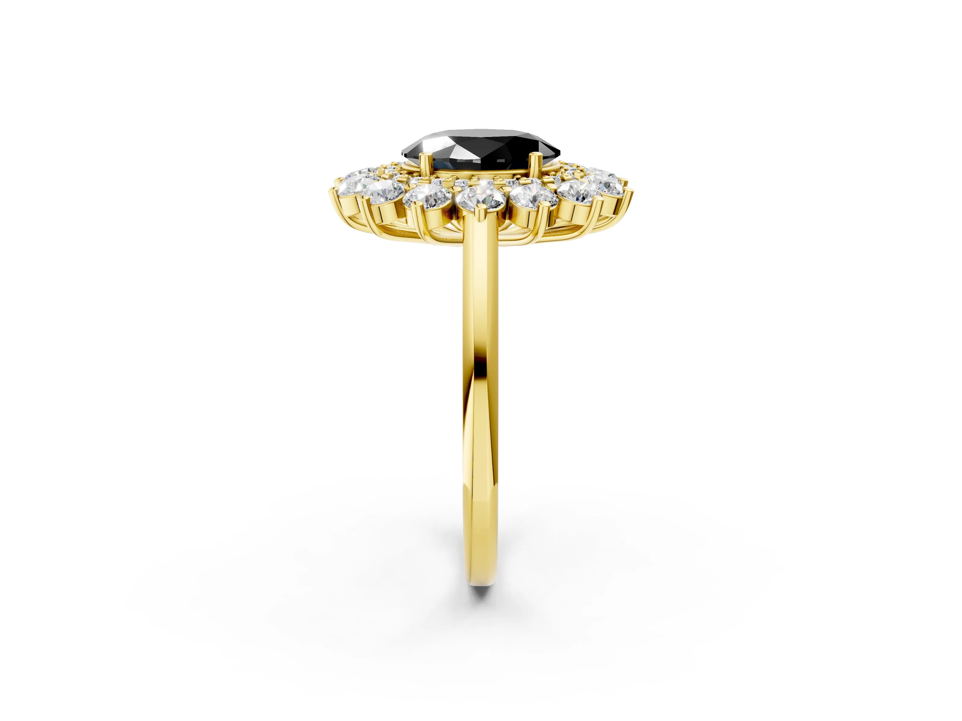 Yellow gold Fancy Black Oval Cut Halo Cluster Diamond Ring with Pave Band and Four-Prong Setting_14
