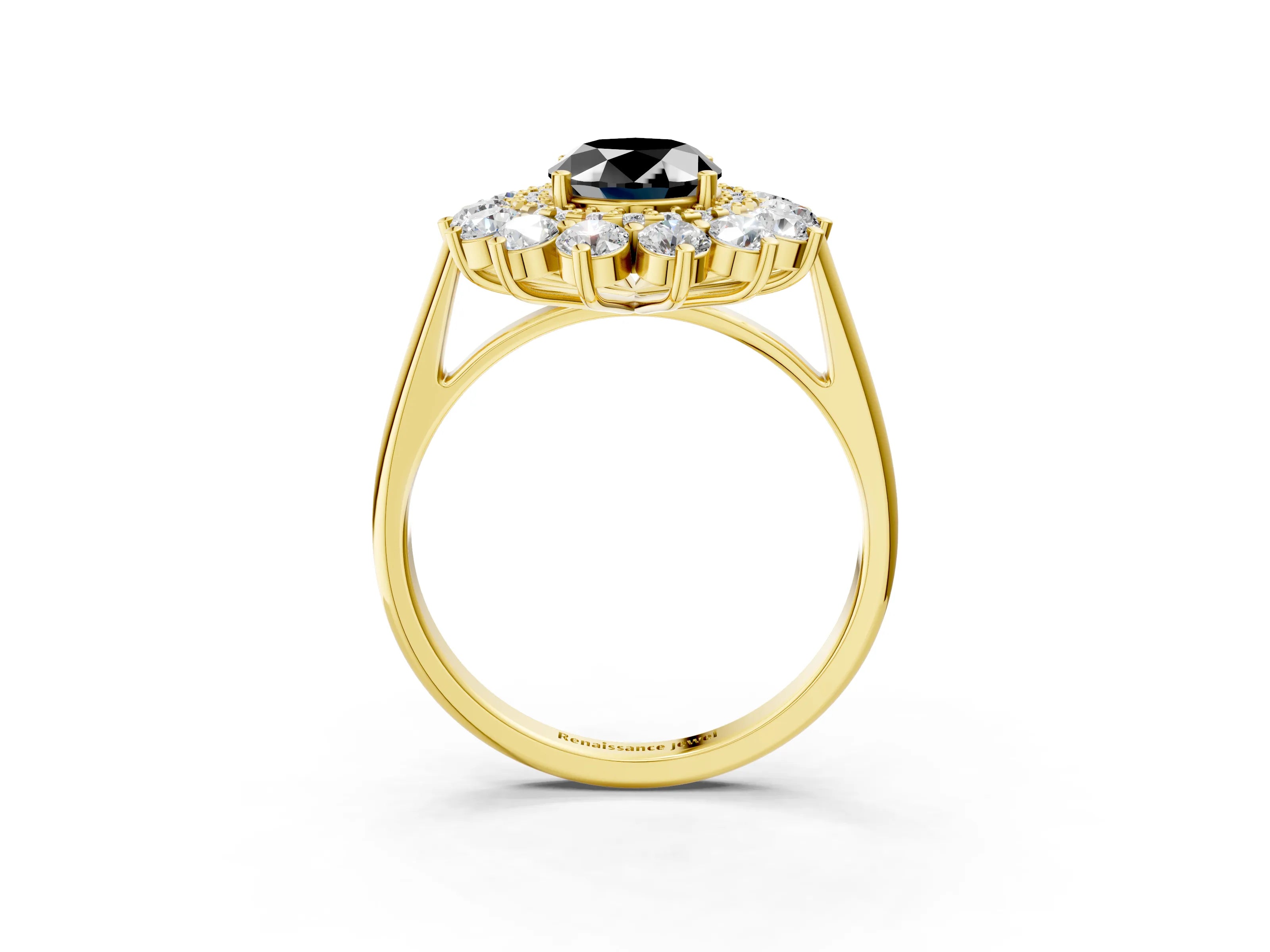 Yellow gold Fancy Black Oval Cut Halo Cluster Diamond Ring with Pave Band and Four-Prong Setting_15