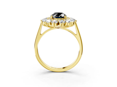 Yellow gold Fancy Black Oval Cut Halo Cluster Diamond Ring with Pave Band and Four-Prong Setting_15