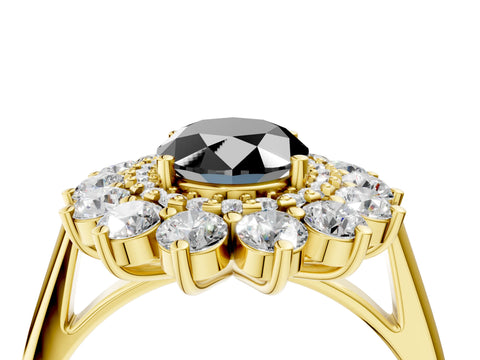 Yellow gold Fancy Black Oval Cut Halo Cluster Diamond Ring with Pave Band and Four-Prong Setting_16
