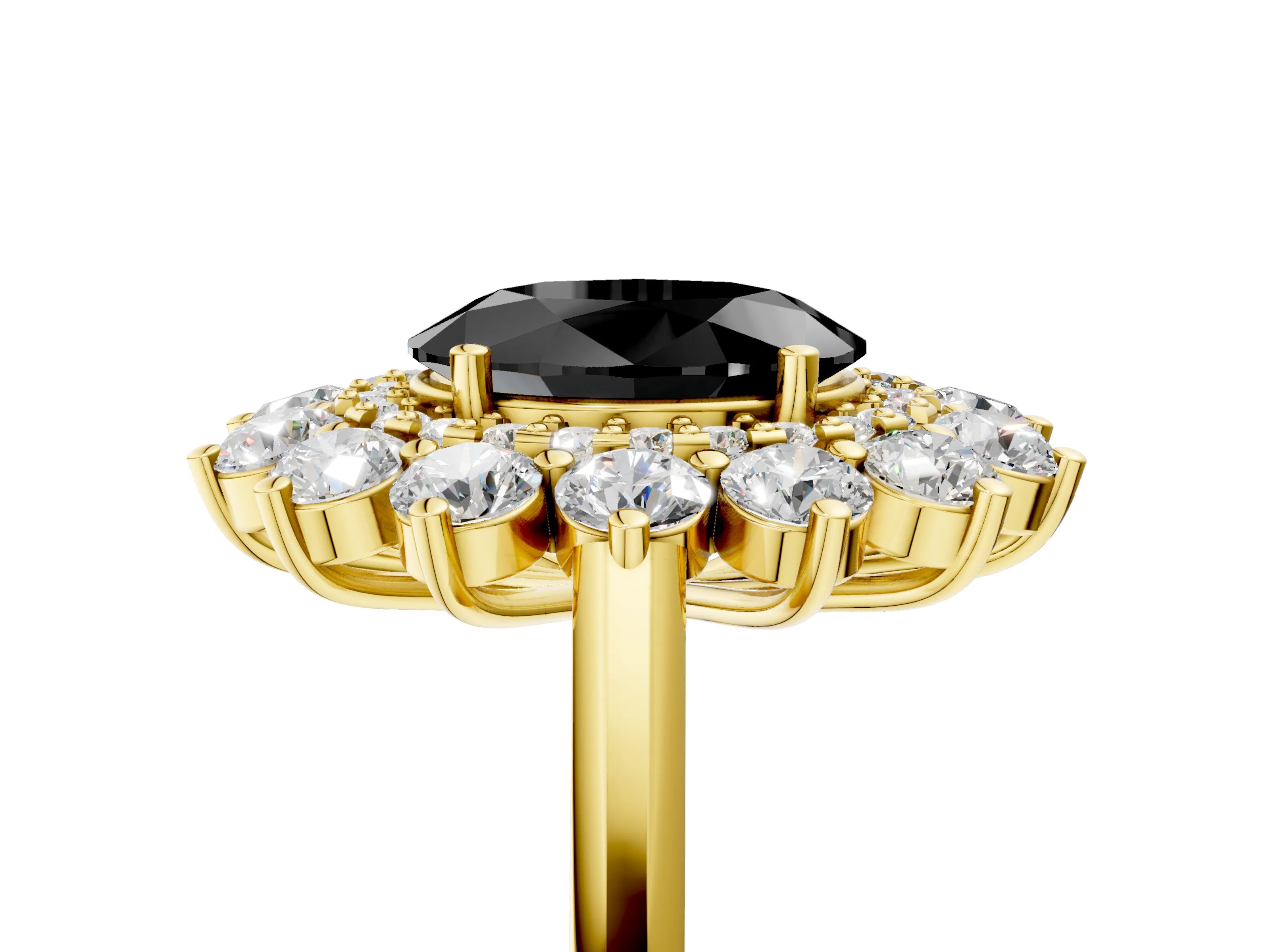 Yellow gold Fancy Black Oval Cut Halo Cluster Diamond Ring with Pave Band and Four-Prong Setting_17