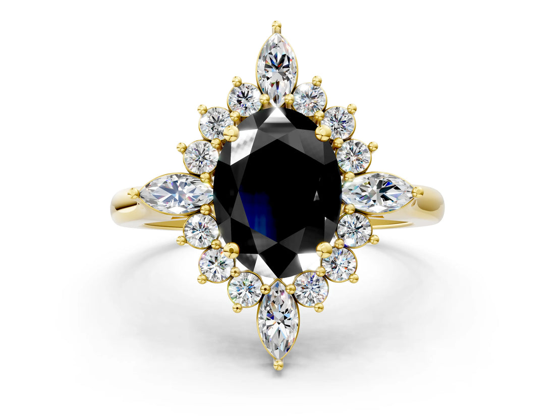Yellow gold Fancy Black Oval Cut Halo Diamond Cluster Ring with Marquise and Round Stones on a White Gold Band with Prong Setting