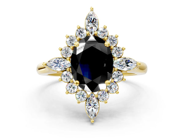 Yellow gold Fancy Black Oval Cut Starburst Halo Engagement Ring Setting with Marquise and Round Accents