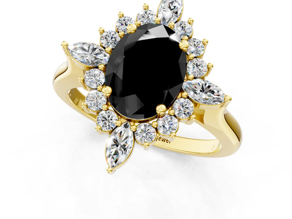 Yellow gold Fancy Black Oval Cut Starburst Halo Engagement Ring Setting with Marquise and Round Accents