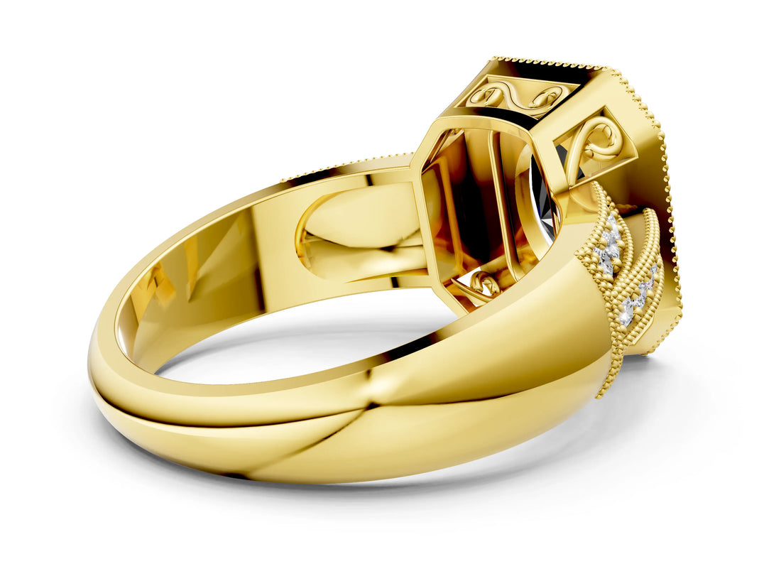 Yellow gold Fancy Black Oval Cut Halo Diamond Engagement Ring with Pave Split Shank and Four-Prong Setting