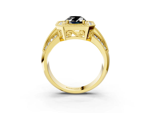 Yellow gold Fancy Black Oval Cut Halo Diamond Engagement Ring with Pave Split Shank and Four-Prong Setting