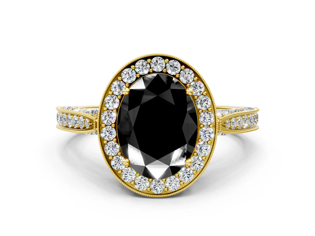 Yellow gold Fancy Black Oval Cut Halo Diamond Engagement Ring with Split Shank Band and Four-Prong Setting