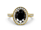 Yellow gold Fancy Black Oval Cut Halo Diamond Engagement Ring with Split Shank Band and Four-Prong Setting